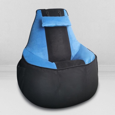 Кресло-мешок игровое кресло Геймер, мебельный велюр, черно-голубое
